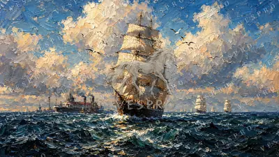 Tall Ship on the Open Sea, oil painting wallpaper
