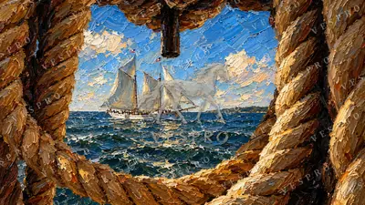 Tall Ship Through the Rope, oil painting wallpaper