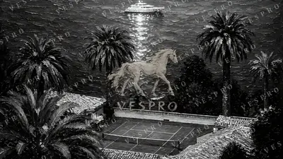 Tennis Court and Yacht at Night Noir, oil painting wallpaper