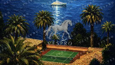 Tennis Court and Yacht at Night, oil painting wallpaper