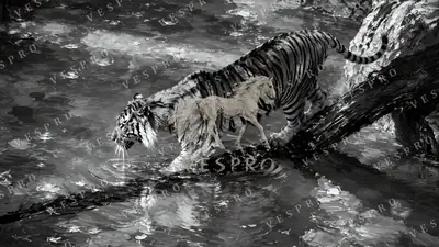 Tiger Crossing the Stream Noir, oil painting wallpaper