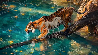 Tiger Crossing the Stream, oil painting wallpaper