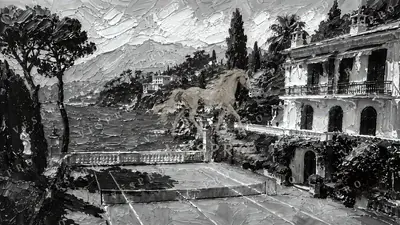 Villa Tennis Court on the Riviera Noir, oil painting wallpaper