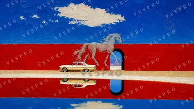 White Classic Car by the Red Wall, oil painting wallpaper