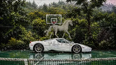 White Ferrari on the Court, oil painting wallpaper