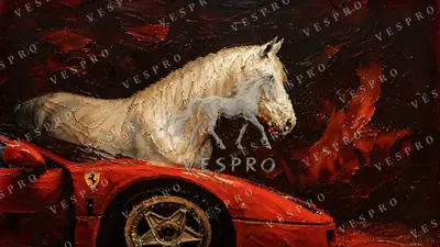 White Horse and Red Ferrari, oil painting wallpaper
