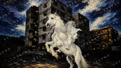 White Horse Rearing at Night, oil painting wallpaper
