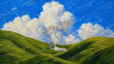 White Tiger on a Green Hill, oil painting wallpaper