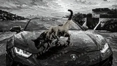Wild Cat on the Lamborghini Noir, oil painting wallpaper
