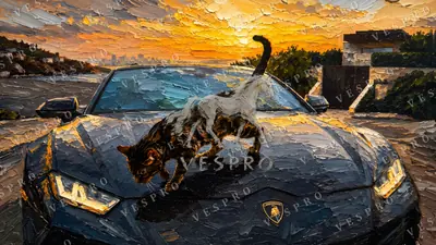 Wild Cat on the Lamborghini, oil painting wallpaper