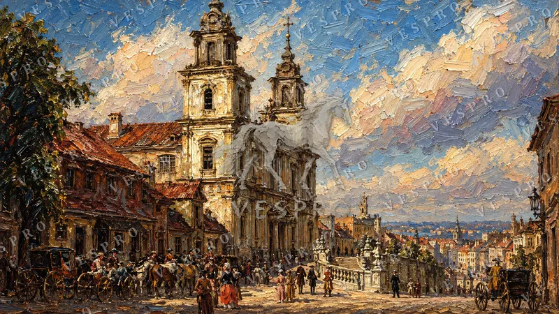Baroque Church on a European Street, oil painting wallpaper preview