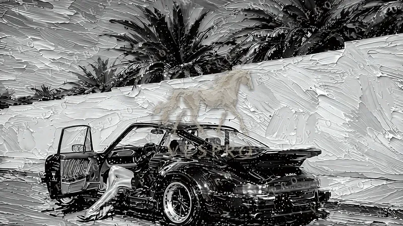 Black 911 Under the Palms Noir, oil painting wallpaper preview