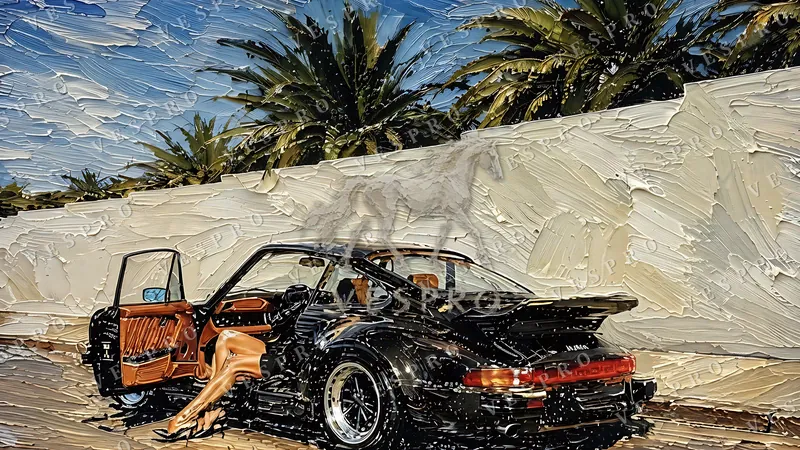Black 911 Under the Palms, oil painting wallpaper preview