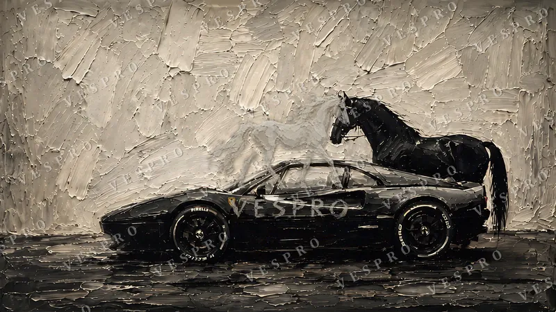Black Horse, Black Ferrari, oil painting wallpaper preview