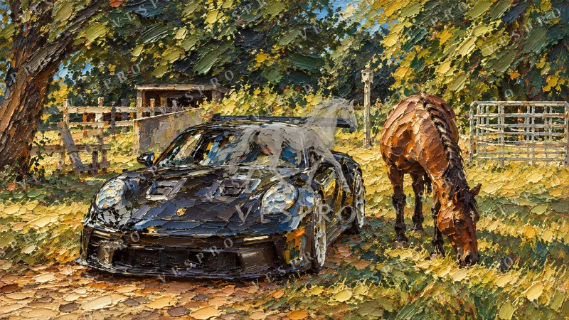 Black Sports Car at the Horse Ranch, oil painting wallpaper preview