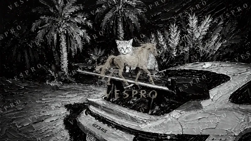 Cat on the GT3 RS Noir, oil painting wallpaper preview