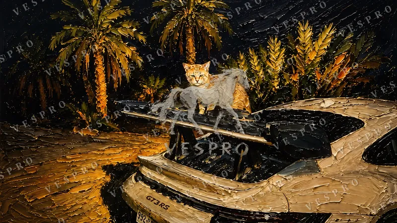 Cat on the GT3 RS, oil painting wallpaper preview