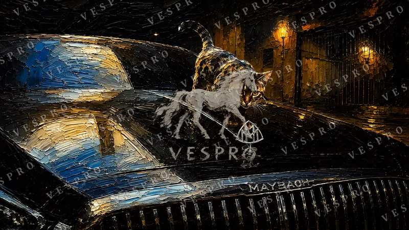 Cat on the Maybach, oil painting wallpaper preview