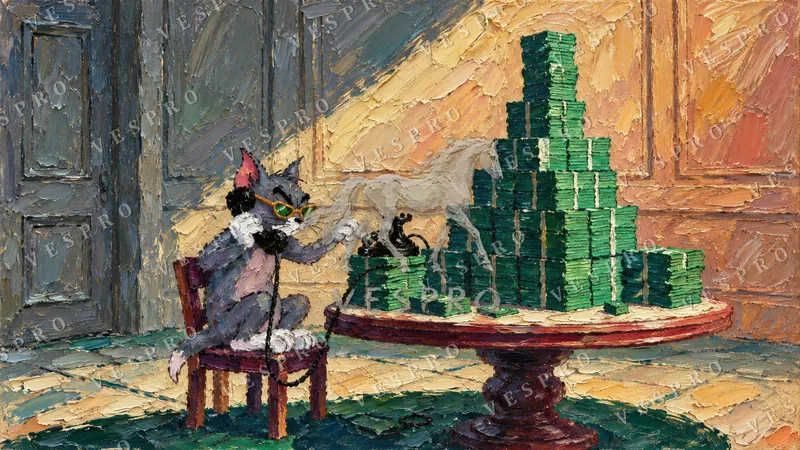 Cat at the Table with Stacks of Cash, oil painting wallpaper preview