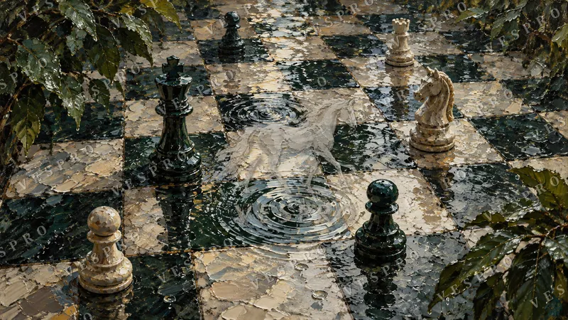 Chess Pieces Reflected in Water, oil painting wallpaper preview