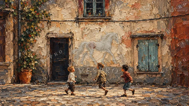 Children Playing Ball in a Village Square, oil painting wallpaper preview