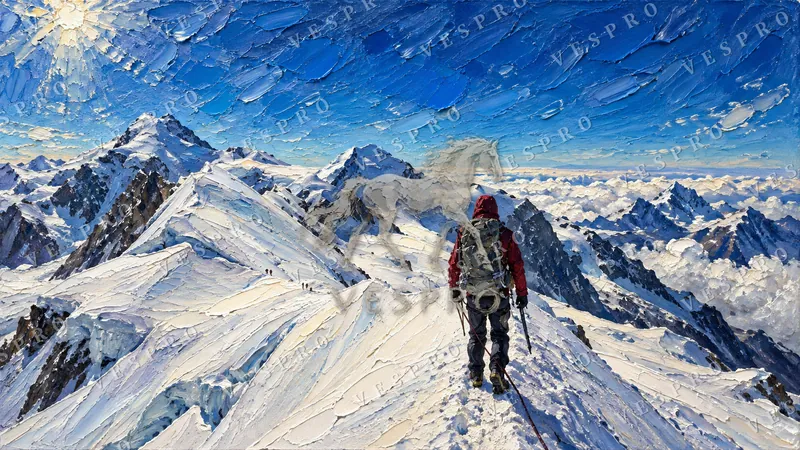 Climber on a Snowy Ridge, oil painting wallpaper preview