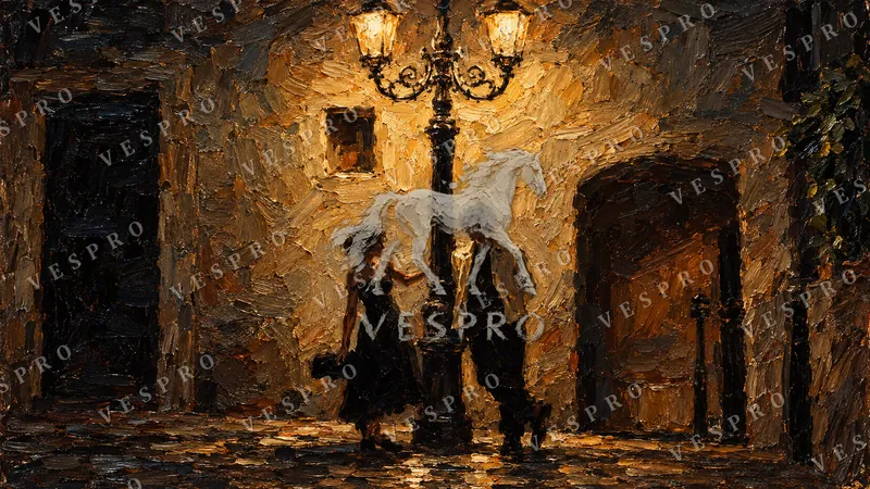 Couple Under a Street Lamp, oil painting wallpaper preview