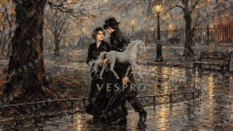 Couple Walking in the Rain, oil painting wallpaper preview