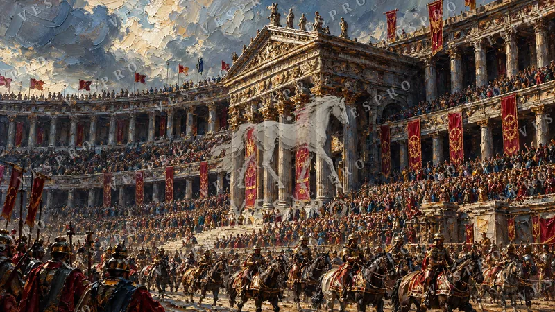 Crowd at the Colonnade Palace, oil painting wallpaper preview