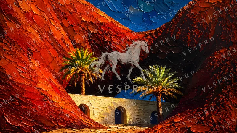 Desert Oasis with Arches, oil painting wallpaper preview