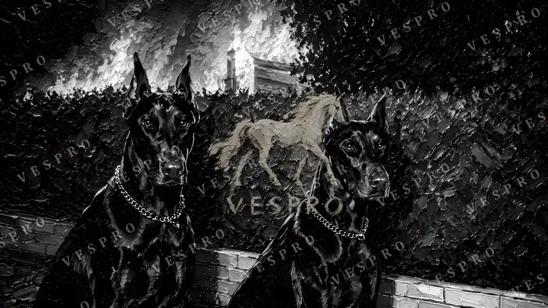Dobermans Before the Fire Noir, oil painting wallpaper preview