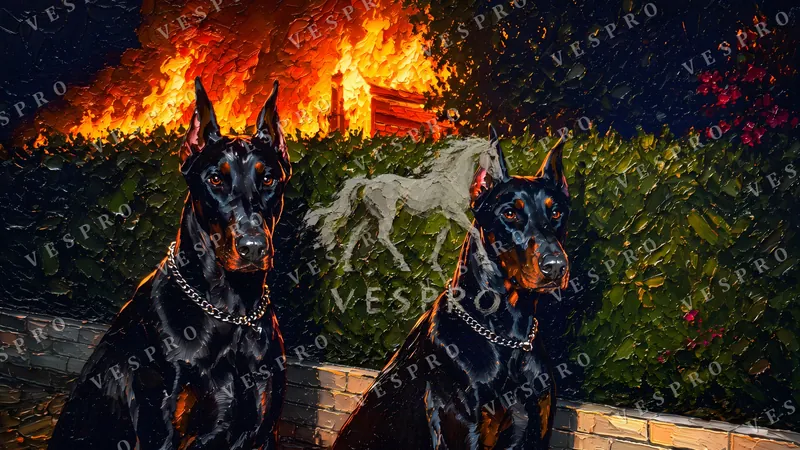 Dobermans Before the Fire, oil painting wallpaper preview