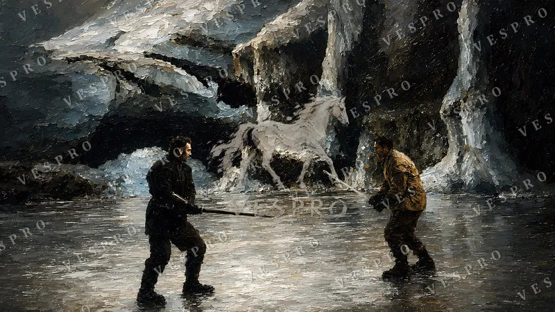 Duel in the Ice Cave, oil painting wallpaper preview