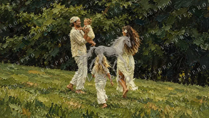 Family in a Field at Sunset, oil painting wallpaper preview