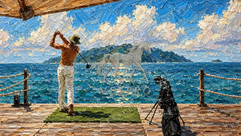 Golf Swing on the Pier, oil painting wallpaper preview