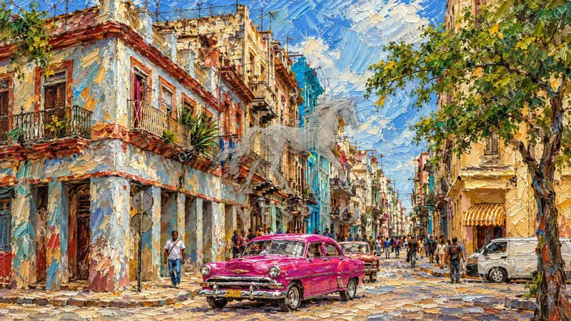 Havana Street with Classic Cars, oil painting wallpaper preview