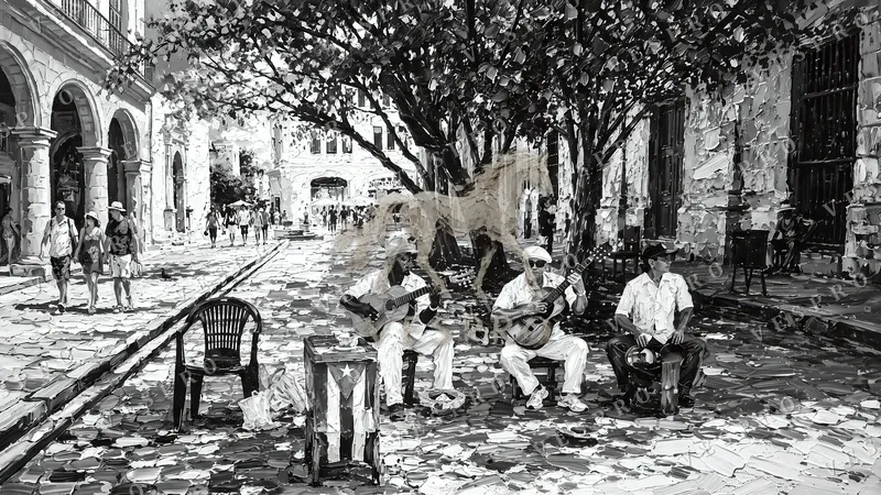 Havana Street Musicians Noir, oil painting wallpaper preview