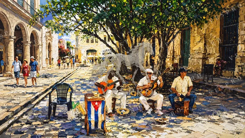 Havana Street Musicians, oil painting wallpaper preview