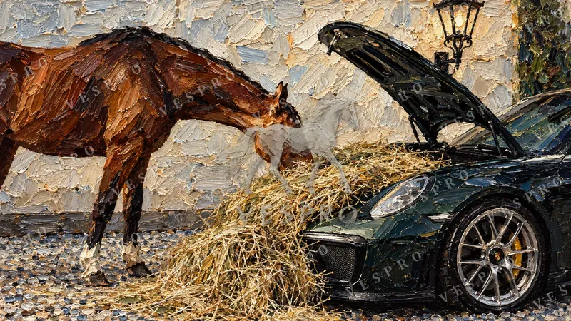 Horse Eating Hay from a 911, oil painting wallpaper preview
