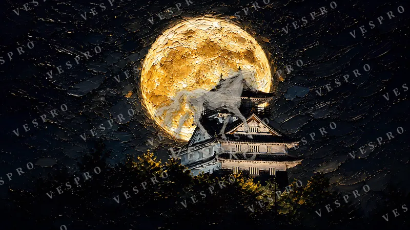 Japanese Castle Under a Full Moon, oil painting wallpaper preview