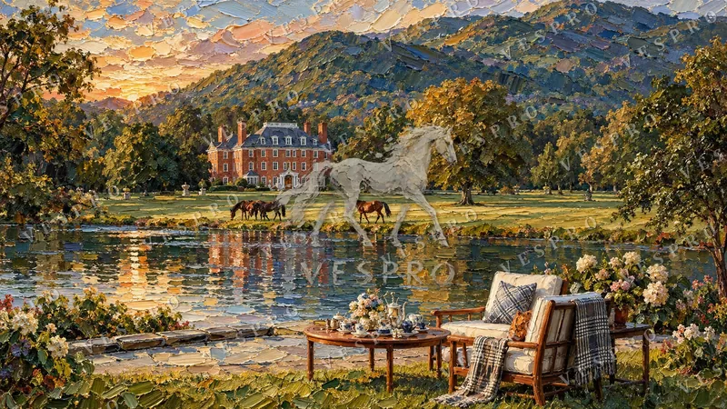 Lake House Deck at Golden Hour, oil painting wallpaper preview