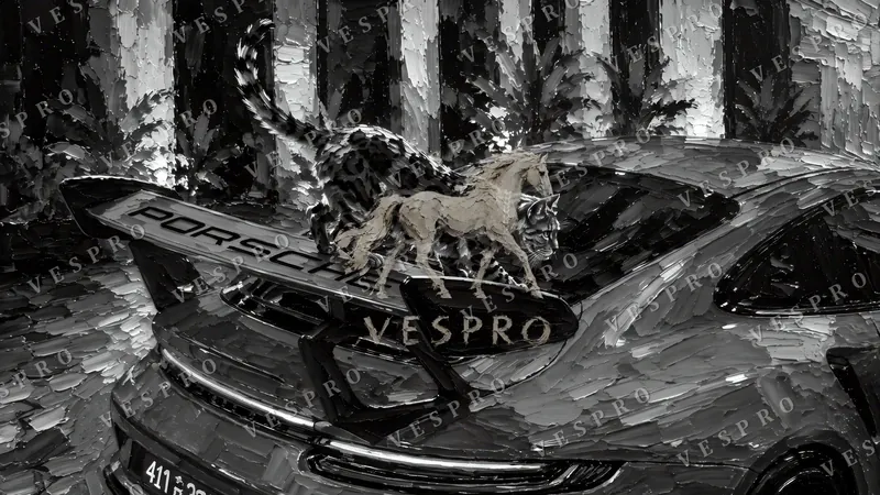 Leopard on the Red Porsche Noir, oil painting wallpaper preview