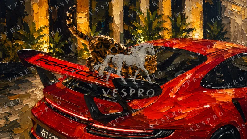 Leopard on the Red Porsche, oil painting wallpaper preview