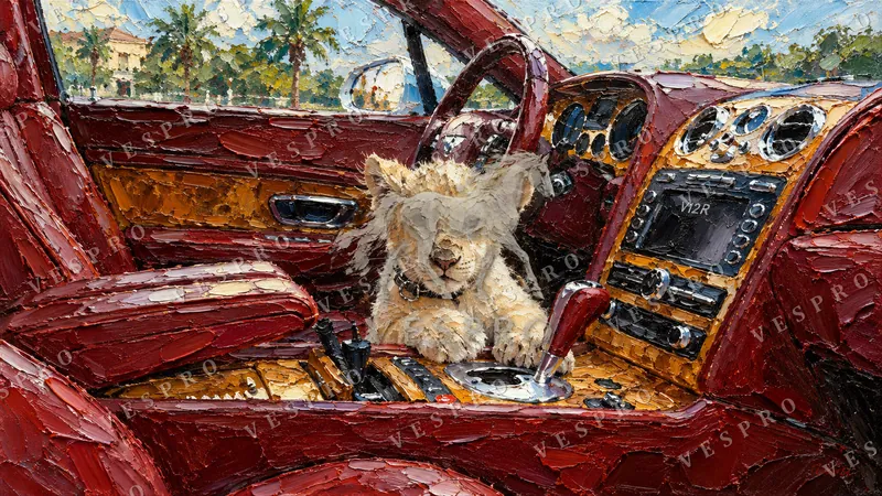 Lion Cub in a Classic Car, oil painting wallpaper preview