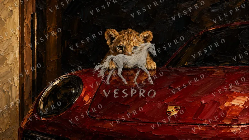 Lion Cub on a Red Sports Car, oil painting wallpaper preview