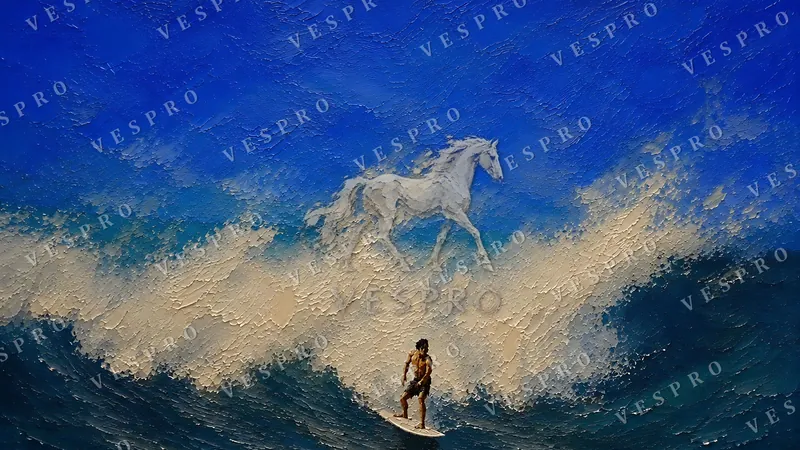 Lone Surfer on a Blue Wave, oil painting wallpaper preview