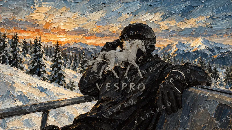 Figure in a Balaclava in the Snowy Mountains, oil painting wallpaper preview