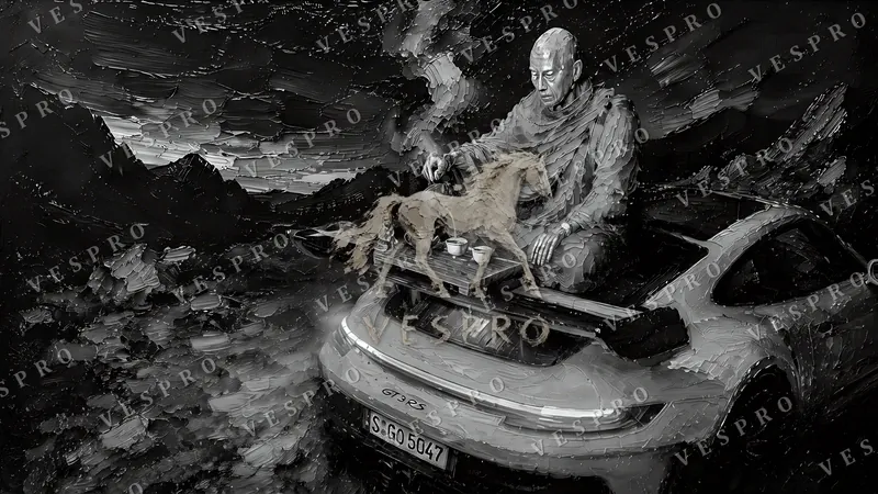 Monk Pouring Tea on a GT3 RS Noir, oil painting wallpaper preview