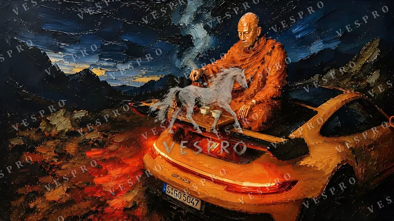 Monk Pouring Tea on a GT3 RS, oil painting wallpaper preview