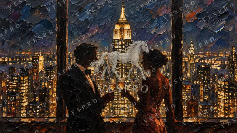 Toast Above the New York Skyline, oil painting wallpaper preview